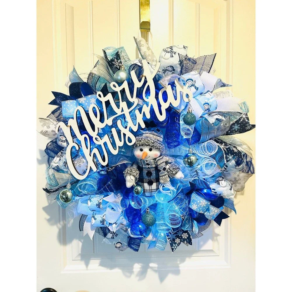 Blue Snowman Merry Christmas Ribbon Door Wreath Handmade 22 ins LED W23